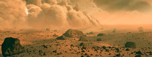 artist image of a dust storm with a lightning bolt on a mars-like surface