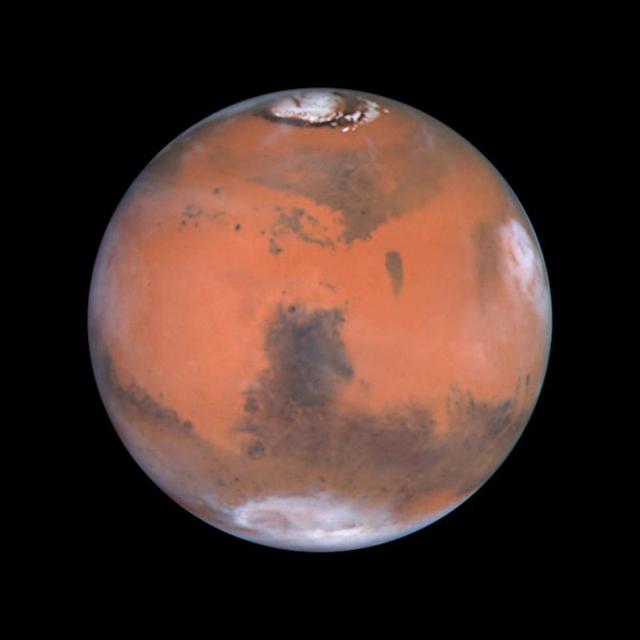 Red shadowy Mars showing off its white poles.