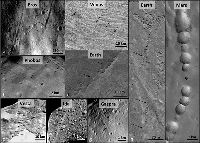 pit chain images in black and white on Earth, Mars, other moons and asteroids
